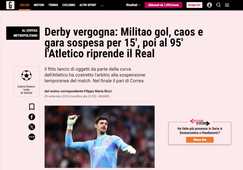 "Derbi de la vergüenza" titula la Gazzetta dello Sport, diario italiano, y considera que el espectáculo quedó "arruinado" por culpa de los violentos