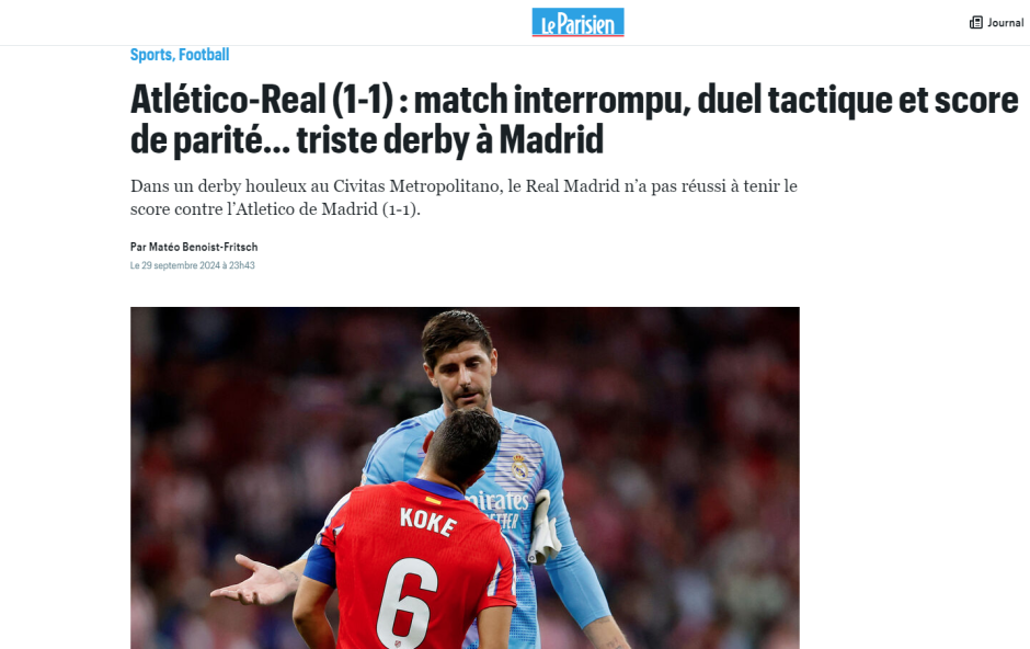 Le Parisien titular: “Partido interrumpido, duelo táctico y empate… triste derbi en Madrid”