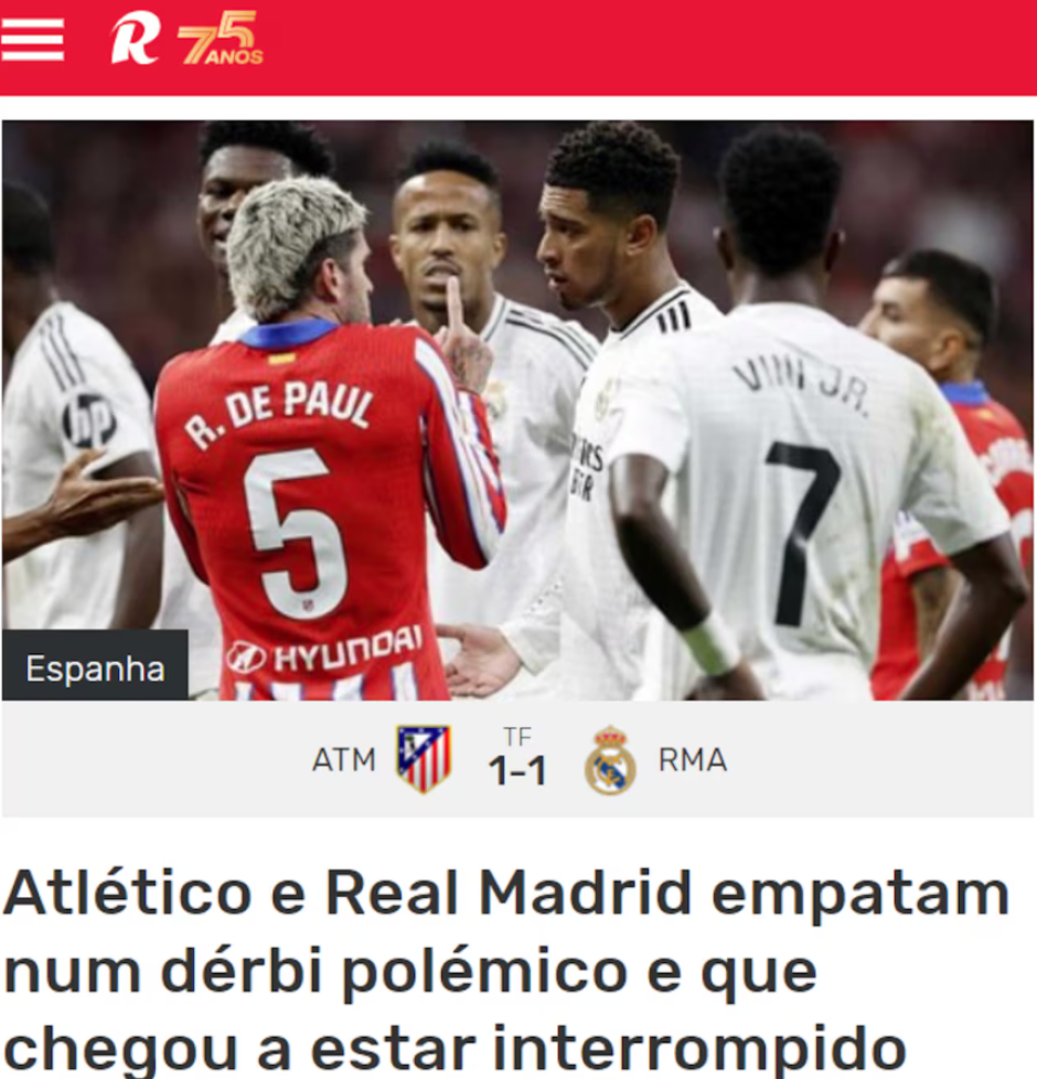 El diario Record destaca el "polémico" derbi y habla en su titular de la interrupción que sufrió