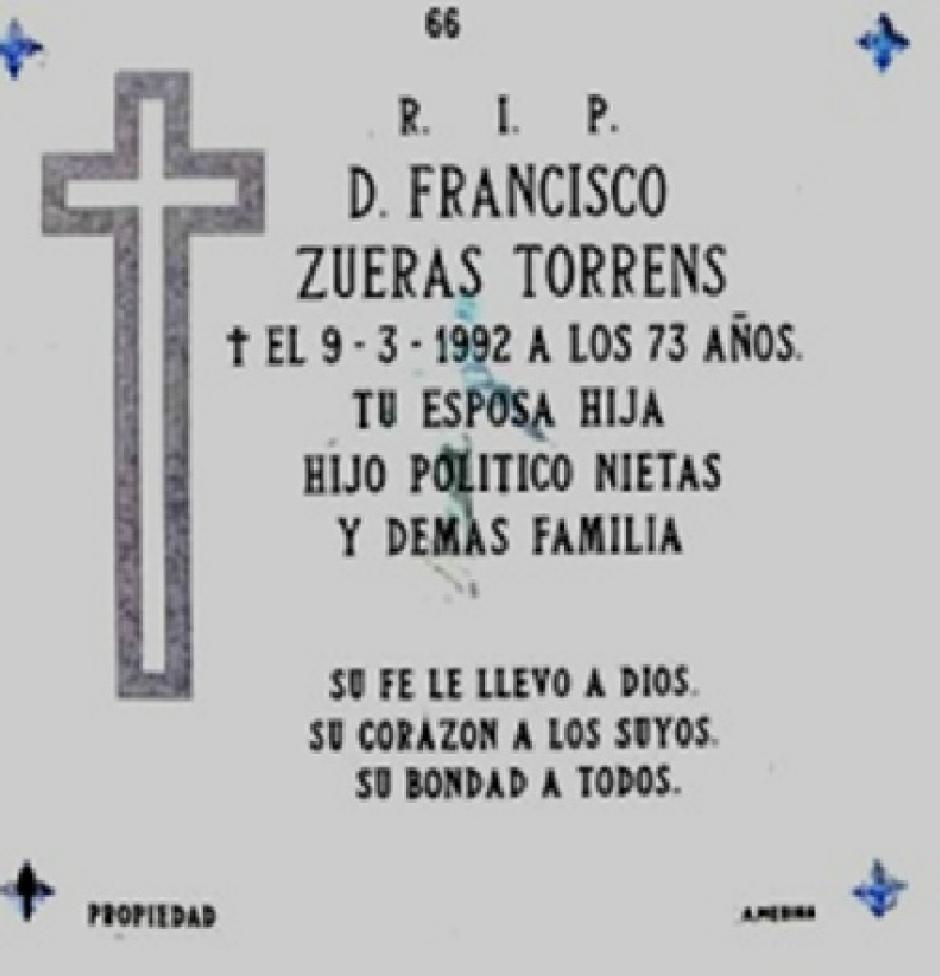 Lápida de Francisco Zueras en el cementerio de San Rafael