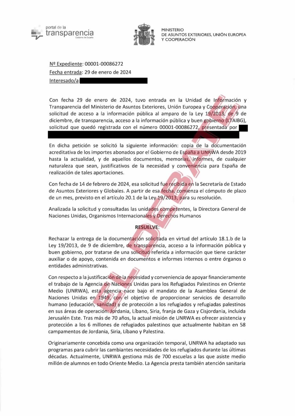 Escrito del Ministerio de Exteriores