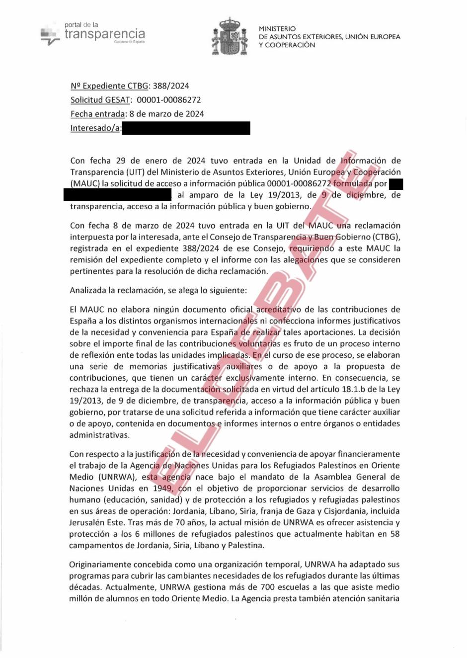 Escrito del Ministerio de Asuntos Exteriores