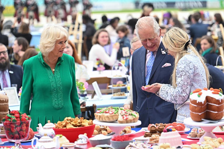 Britain's Prince Charles, center, and Camilla, Duchess of Cornwall attend a Big Jubilee Lunch  in London, Sunday, June 5, 2022,