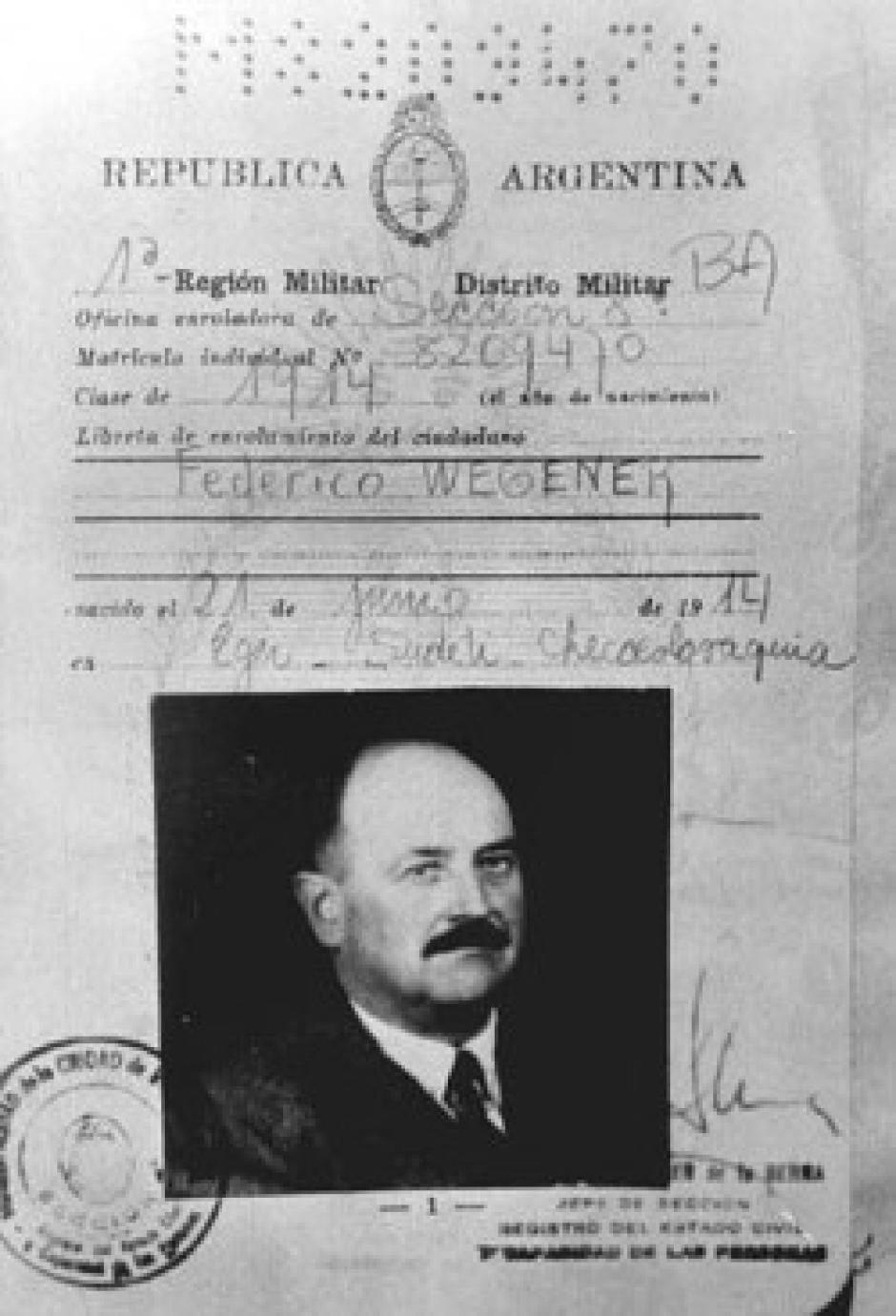 Identificación argentina falsa expedida a Roschmann a nombre de "Federico Wegener"