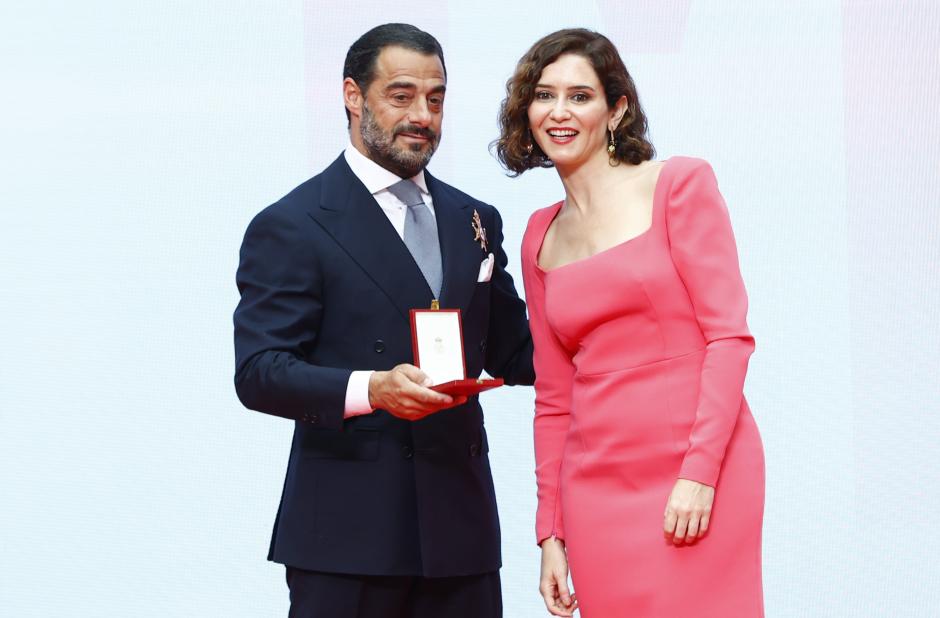 Politician Isabel Diaz Ayuso and Vicente Dalmau Cebrian during the delivery of the medals of the Community of Madrid on May 02, 2022