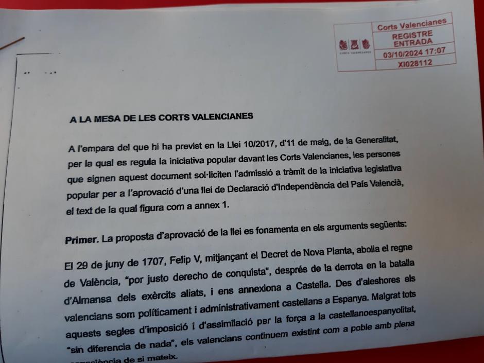 ILP presentada por Solidaritat Catalana per la Independència en las Cortes Valencianas