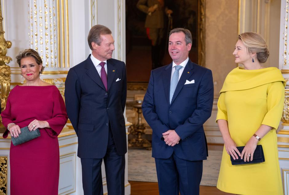 Prince Guillaume with Grand Duchess Maria Teresa , Grand Duke Henri, and  Princess Stephanie during his appointment as "Lieutenant-Représentant" (honorary lieutenant) on 08 October 2024, Luxembourg, Luxemburg: