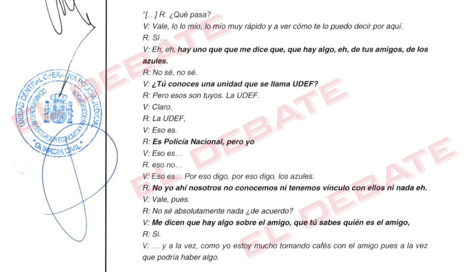 Transcripción de una conversación telefónica entre Victor de Aldama y el guardia civil imputado