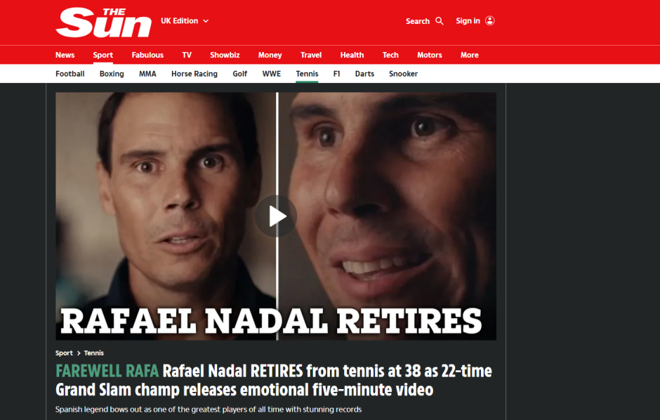 The Sun también se ha hecho eco de la retirada de Nadal y destaca el vídeo y sus 22 Grand Slams, el segundo tenista que más tiene