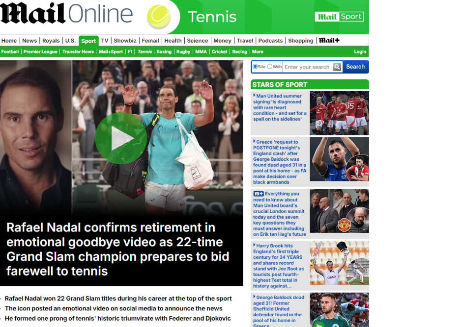Noticia sencilla de del Daily Mail para anunciar la retirada de Rafa Nadal