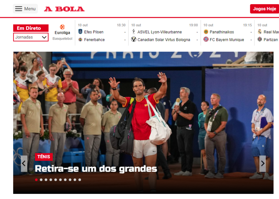 A Bola titula «se retira uno de los grandes» y la imagen con la que Nadal se despidió de París en los últimos Juegos Olímpicos