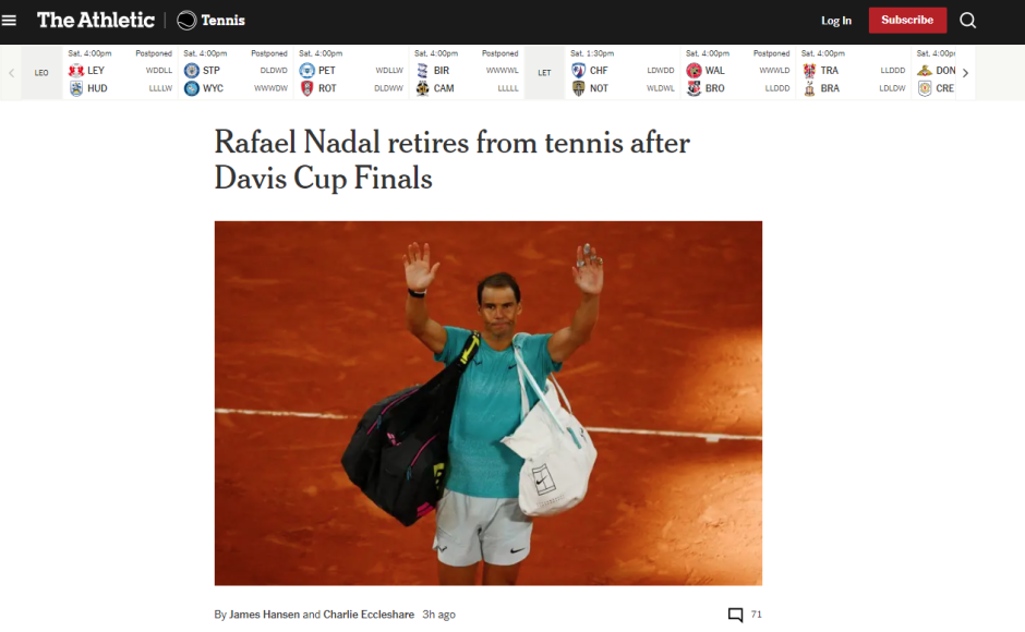 The Athletic lleva un titular informativo para anunciar la retirada de Rafa Nadal tras la Copa Davis