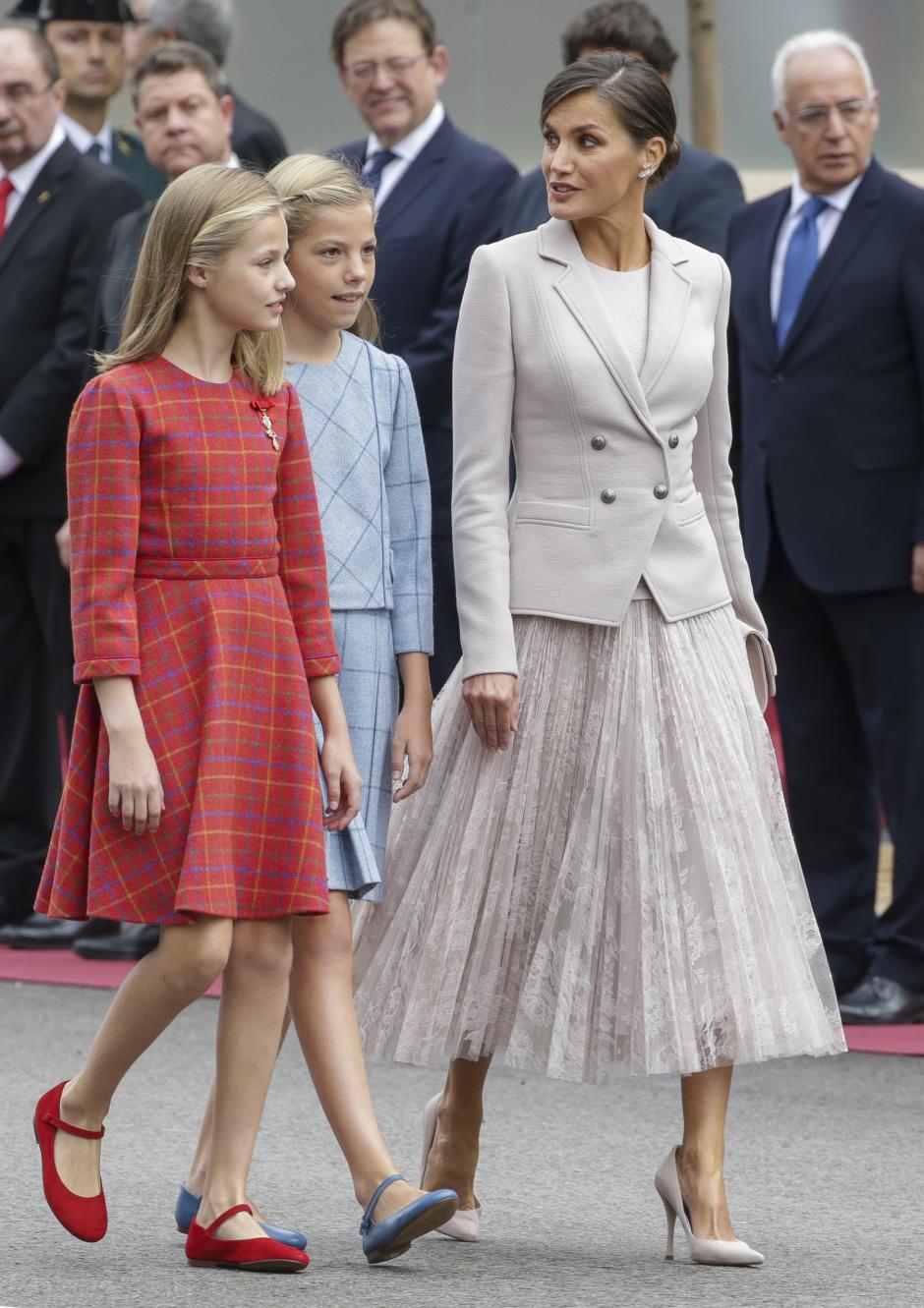 Spanish Queen Letizia Ortiz with daughters Princess Leonor and Sofia de Borbon attending a military parade during the known as Dia de la Hispanidad, Spain's National Day, in Madrid, on Friday 12nd October, 2018