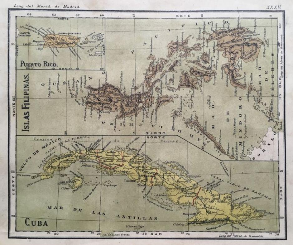 Mapa en el que aparecen Cuba, Puerto Rico y Filipinas