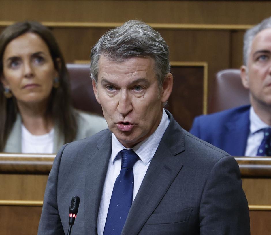 MADRID, 16/10/2024.- El presidente del PP, Alberto Núñez Feijóo durante su intervención en la sesión de control celebrada este miércoles en el Congreso. EFE/ Chema Moya