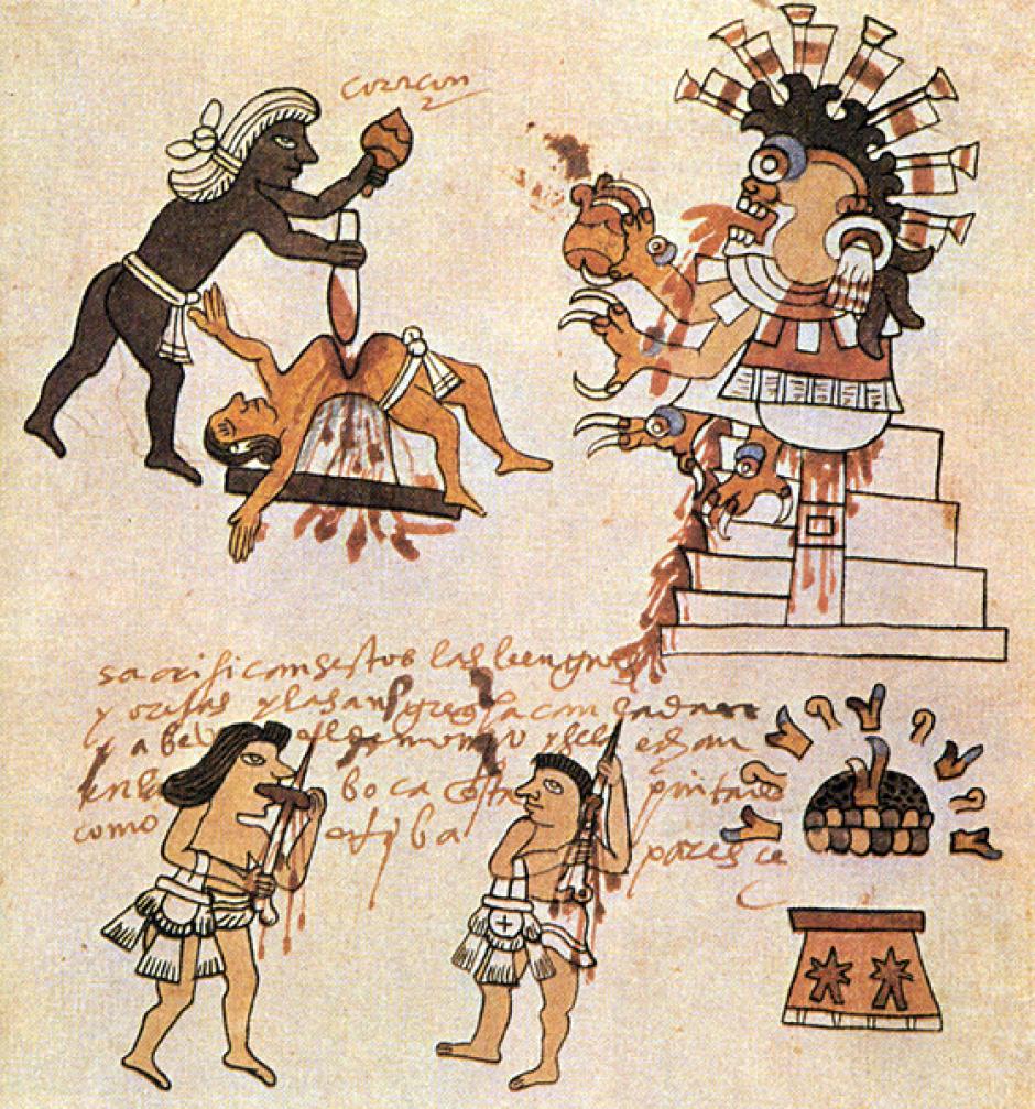 Aztecas sacrificando a una víctima y desangrándole la lengua y las orejas