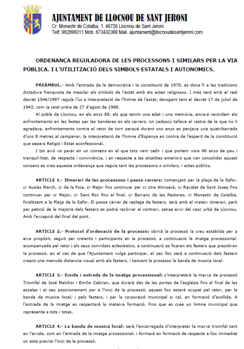 Extracto de la ordenanza de Llocnou de Sant Jeroni que prohíbe el himno español en la sprocesiones