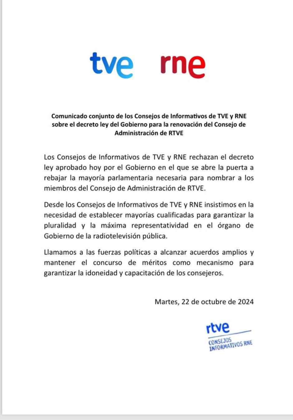 Comunicado del Consejo de Informativos de RTVE contra el decreto ley aprobado por el Gobierno