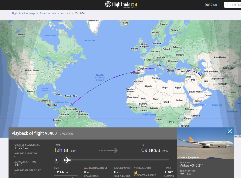 Vuelo del avión presidencial matrícula V09001 desde Teherán hasta Caracas