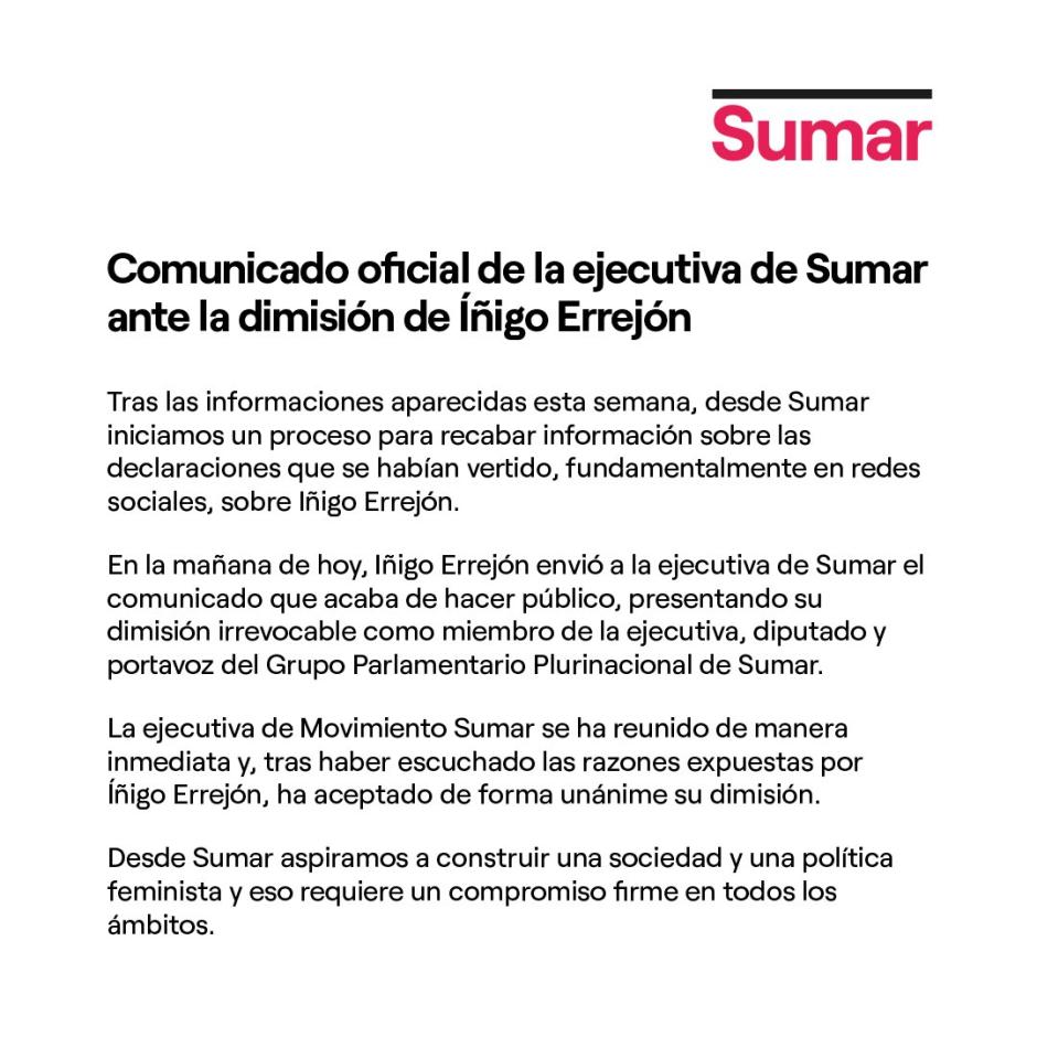 Comunicado de Sumar sobre Íñigo Errejón