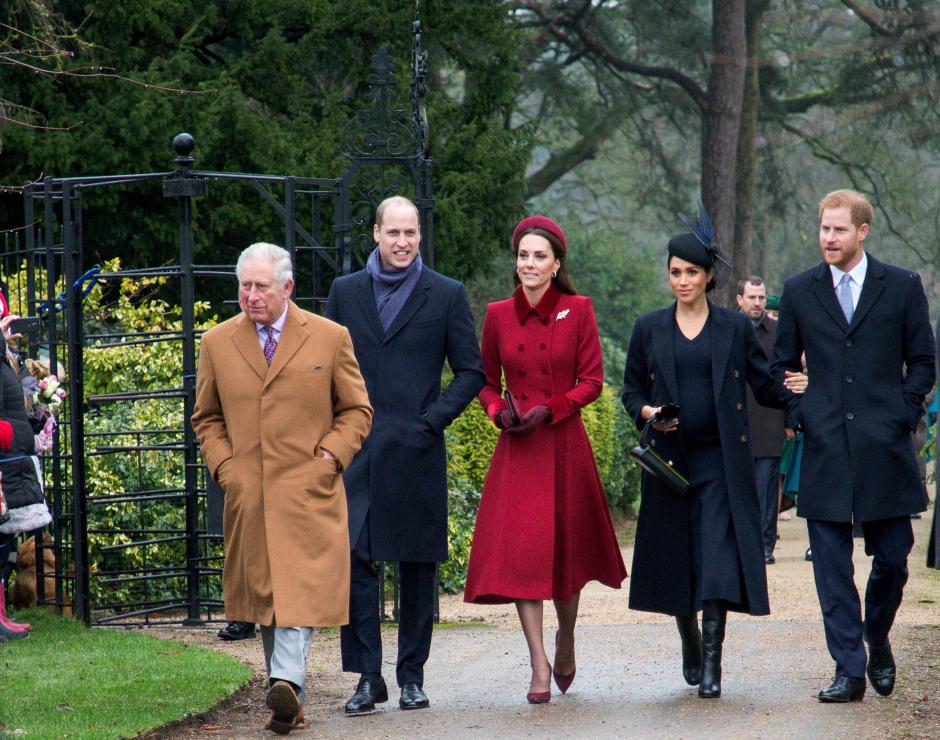 Prince Charles with Prince William and Kate Middleton with Prince Harry and Meghan Markle attending the Christmas day service in Sandringham in Norfolk, England, Tuesday, Dec. 25, 2018