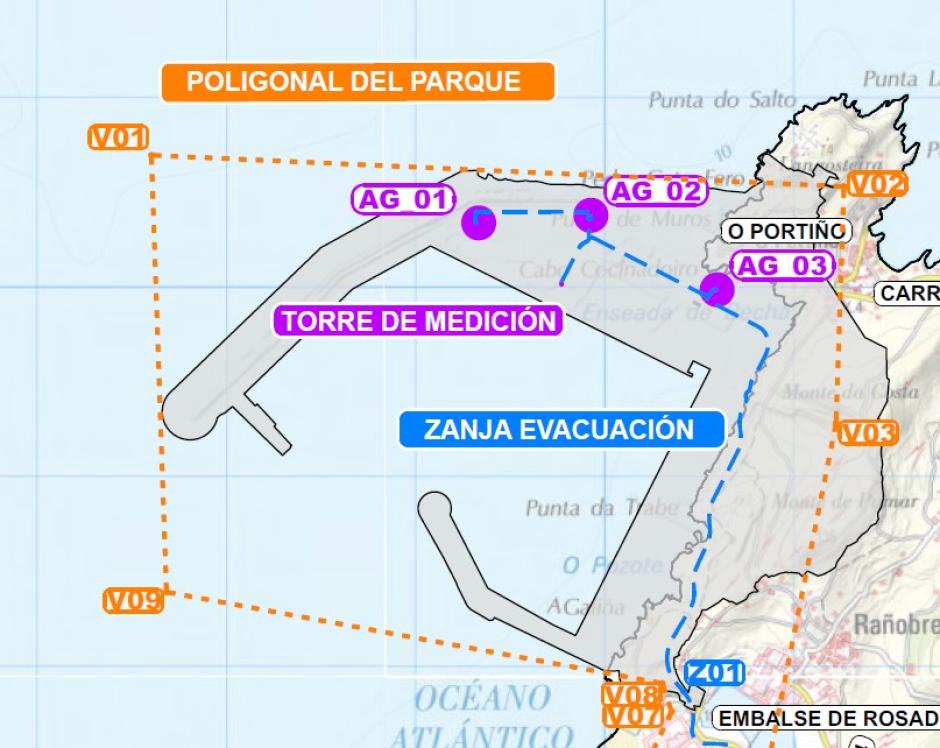 Plano con la ubicación de los aerogeneradores del parque eólico de Inditex en La Coruña