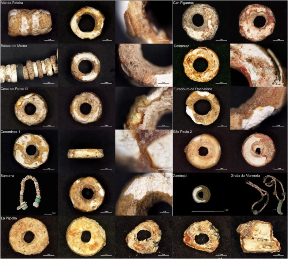 Imagen de varias cuentas de ámbar falsificado a partir de conchas de molusco