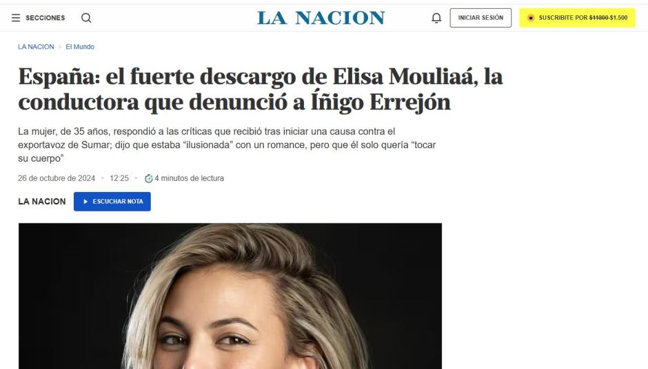 Noticia del diario argentino La Nación, analizando el caso Errejón