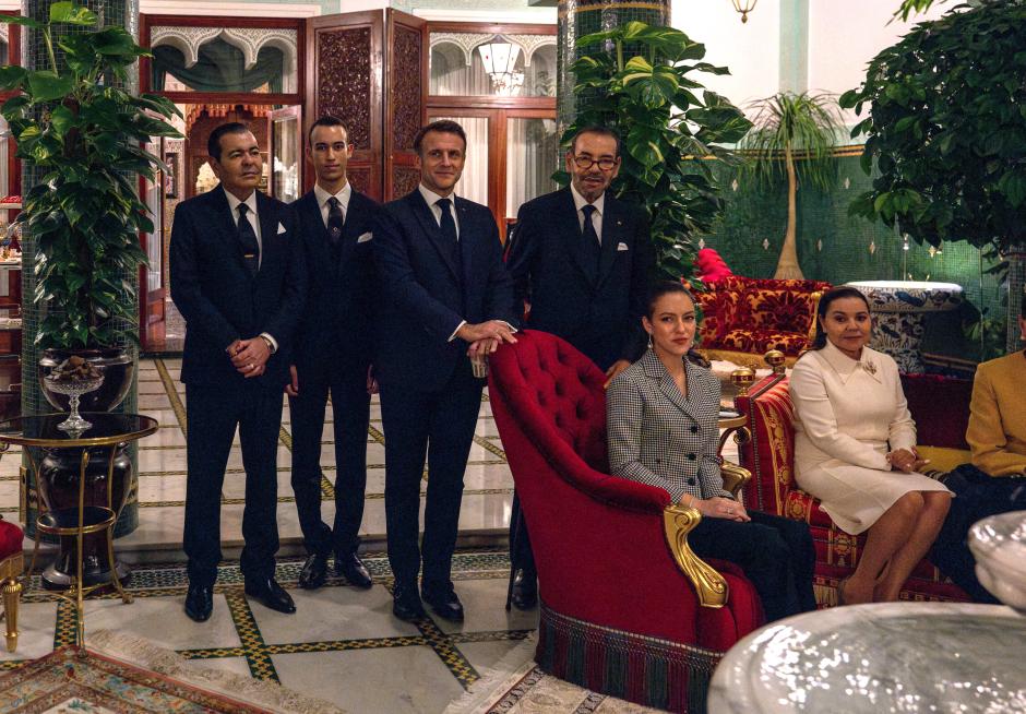 L-R : Moulay Rachid, Moulay Hassan or Al Hassan, Emmanuel Macron, King Mohammed VI, Lalla Khadija, Lalla Asma, Laila Hasna, Brigitte Macron, Laila Meryem, share a quiet moment at the KingÄôs Private Residence, outside Rabat, Morocco, on October 28, 2024, on the first day of the French presidentÄôs State Visit to the Kingdom. Photo by Ammar Abd Rabbo/ABACAPRESS.COM