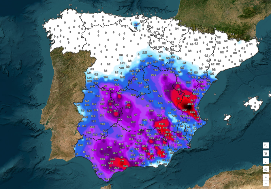 Precipitación acumulada en la Península, con zonas de Valencia donde se recogieron casi 500 mm