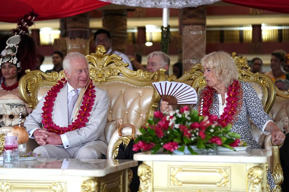 King Charles III and Queen Camilla during a farewell ceremony at Siumu Village on the final day of the royal visit to Samoa. 26 Oct 2024