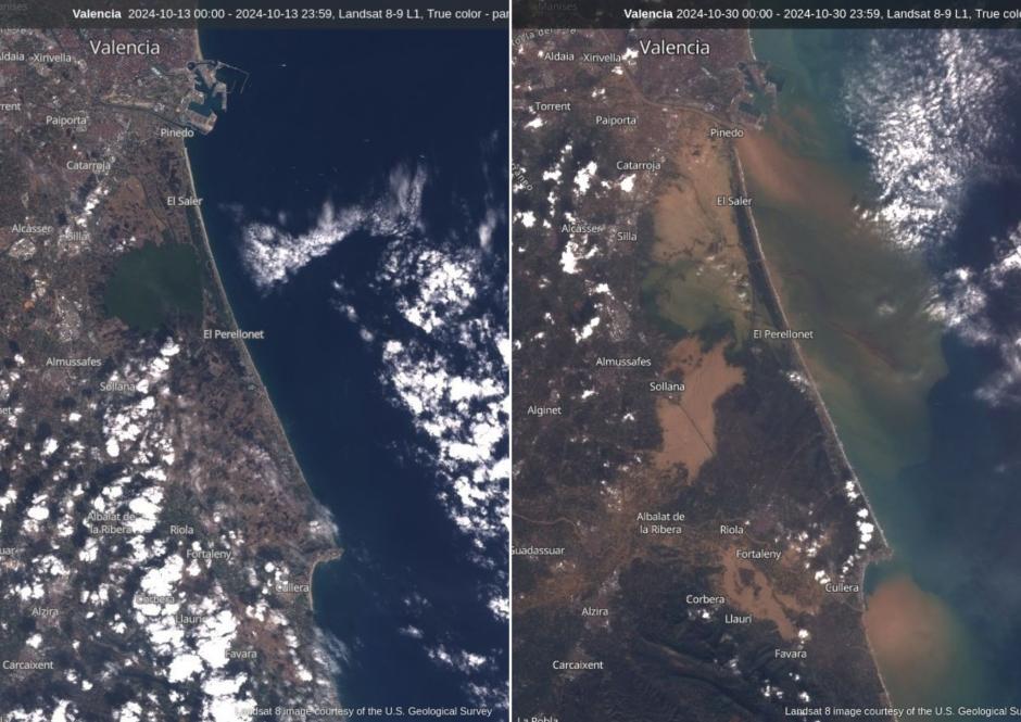 Antes y después de la DANA visto desde satélite Landsat 8 de la NASA