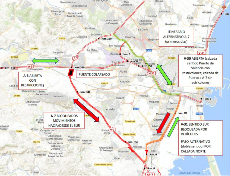 Mapa de situación de la A-7 y by pass de Valencia (Corredor Mediterráneo)