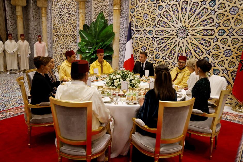 Morocco's Prince Moulay Rachid (3-L), Morocco's Crown Prince Moulay El Hassan (C-L), France's President Emmanuel Macron (C-R), Morocco's King Mohammed VI (2-R), French President's wife Brigitte Macron (R) and members of the Royal family attend a state dinner at the Royal Palace in Rabat, on October 29, 2024, as part of a three-day state visit by France's President to Morocco. Photo by Ludovic Marin/Pool/ABACAPRESS.COM