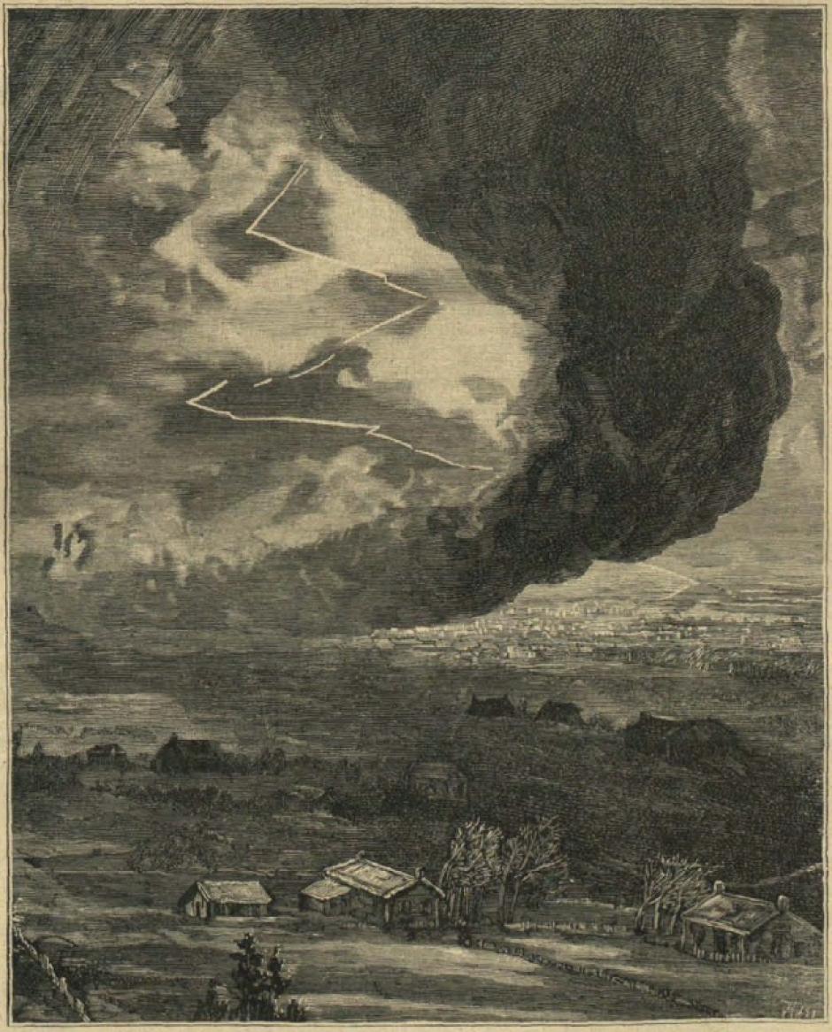 Antiguo grabado del tornado que afectó a Madrid el 12 de mayo de 1886