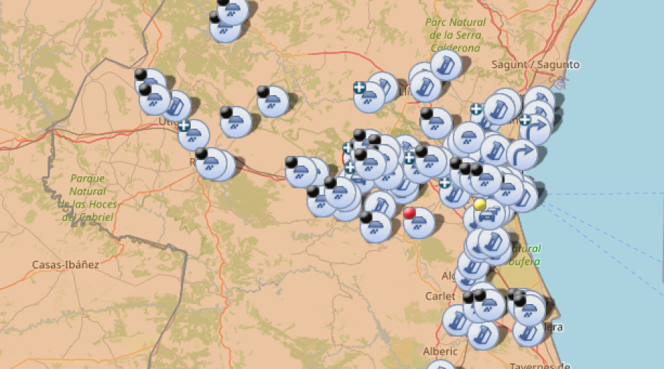 Mapa de la DGT con las carreteras cortadas y afectadas por la DANA en la provincia de Valencia