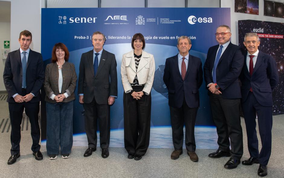 Desde la izquierda: Jorge Sendagorta, CEO de Sener; Carole Mundell, directora de Ciencia de la ESA y directora de ESAC; Andrés Sendagorta, presidente de Sener; Diana Morant, ministra de Ciencia, Innovación y Universidades; Luis Manuel Partida, alcalde de Villanueva de la Cañada; Juan Carlos Cortés, director de la AEE; y José Julián Echevarría, director general de Aeroespacial y Defensa en Sener