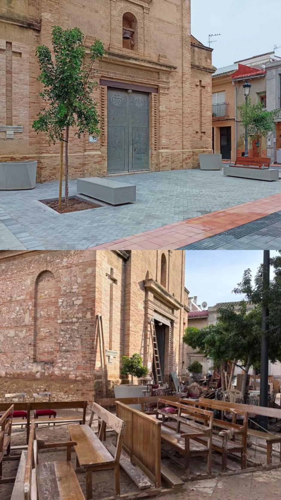 Imagen de la Iglesia de Lloc Nou de la Corona, Valencia, antes y después de las inundaciones de la DANA