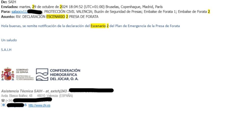 Otro de los correos remitidos por el Miteco al 112 de la Generalitat Valenciana