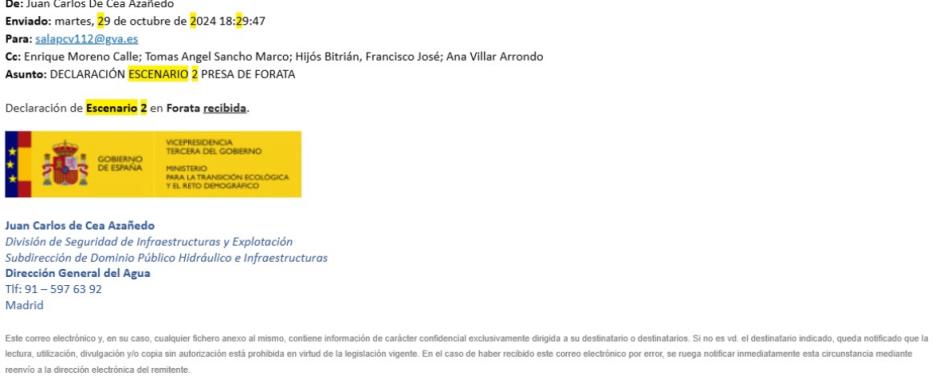 Otre e-mail enviado desde el Ministerio para la Transición Ecológica a la Generalitat Valenciana