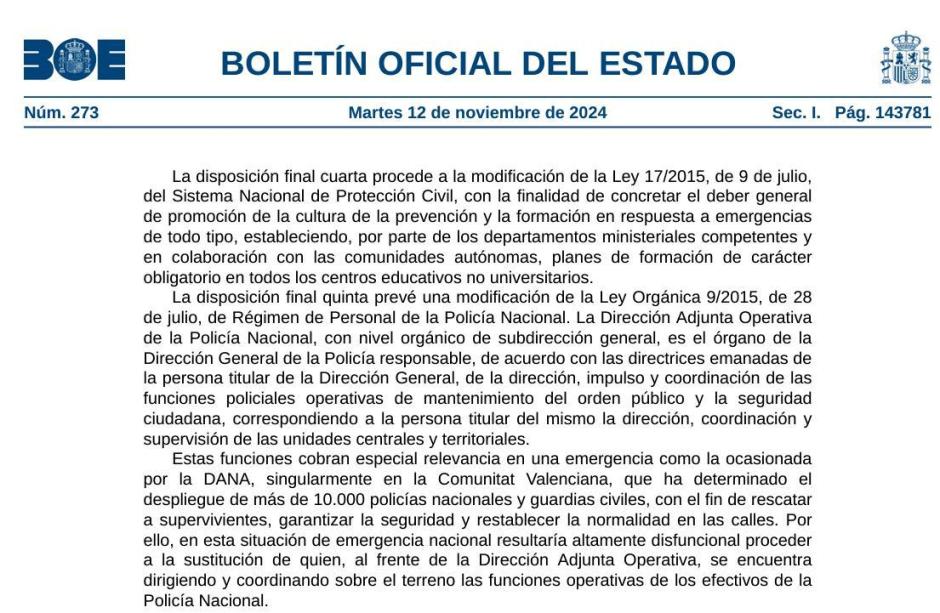 El Gobierno justifica en el BOE que el DAO de la Policía no se jubile por su papel ante la "emergencia nacional" por la DANA