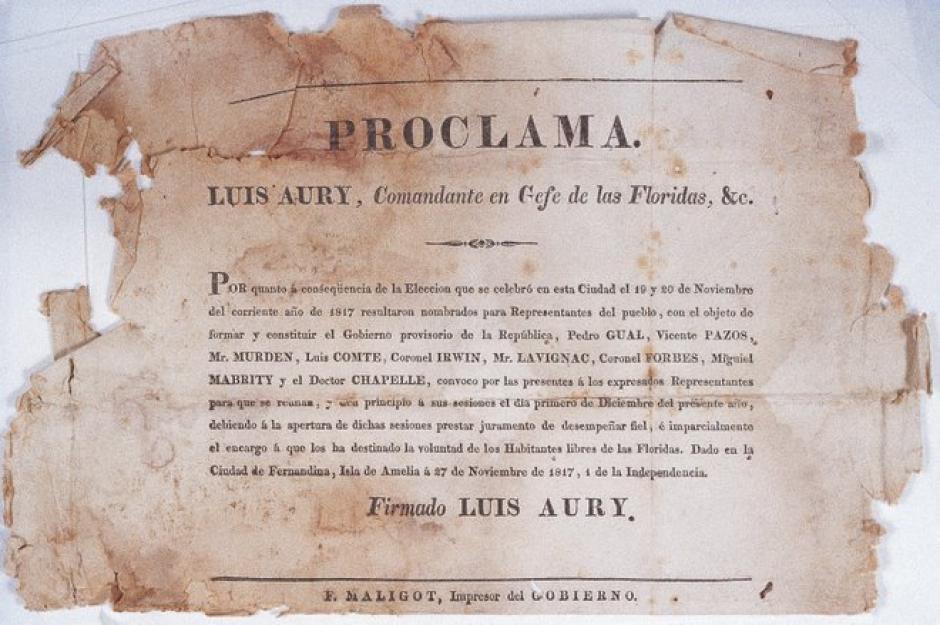 Aury proclamó la "República de Florida" y dispuso elecciones en la isla de Amelia. La imagen muestra un documento firmado por Aury, donde se ven los resultados electorales