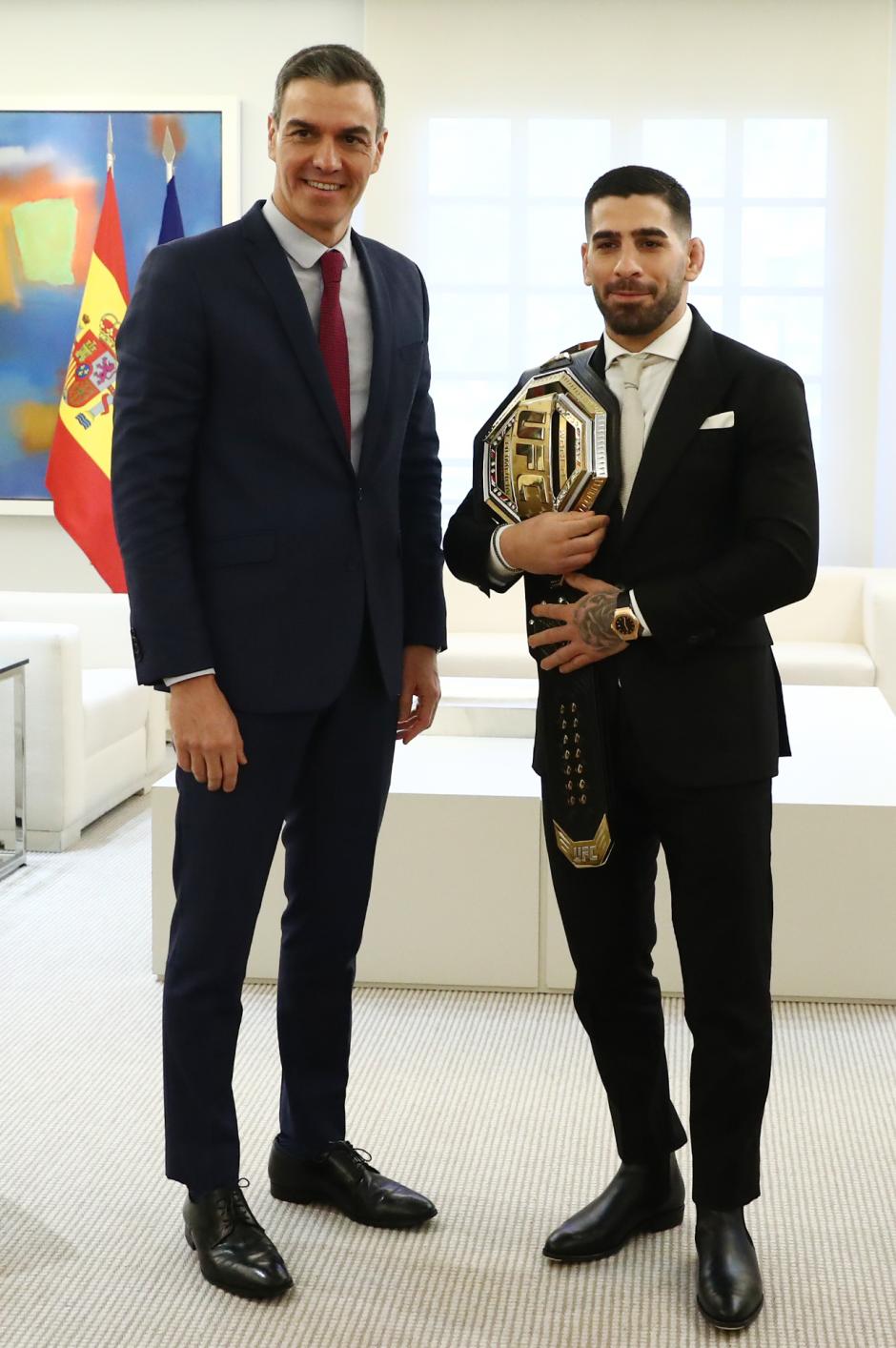 Spanish President Pedro Sanchez and Ilia Topuria during a oficial receeption in on Tuesday February 27, 2024.