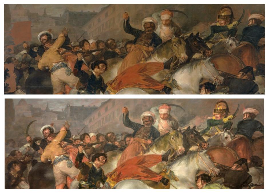 El dos de mayo de 1808 en Madrid, de Goya, y su hermana El tres de mayo, son dos de los grandes tesoros del Museo del Prado. Sin embargo, necesitaron de un cuidado proceso de restauración para eliminar barnices viejos y reparar los daños que sufrieron durante su traslado a Valencia en la Guerra Civil. En concreto, El dos de mayo, perdió parte de sus pigmentos en la parte izquierda del cuadro, eliminando la práctica totalidad de una espada de uno de los soldados mamelucos de Napoleón. La restauración comenzada en el año 2000 devolvió a ambos cuadros a su estado original previo a la guerra.