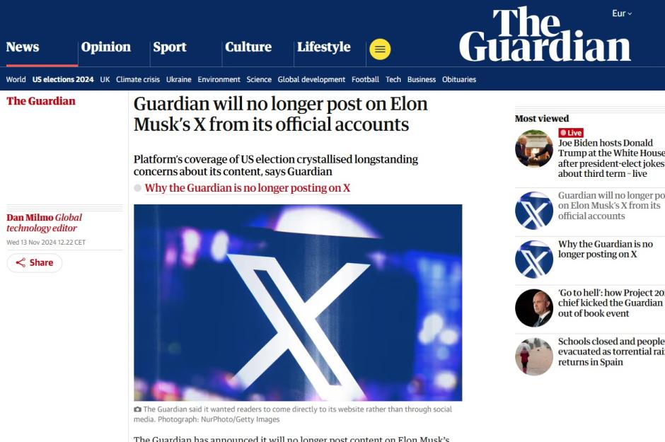 El diario británico 'The Guardian' anuncia su adiós de X