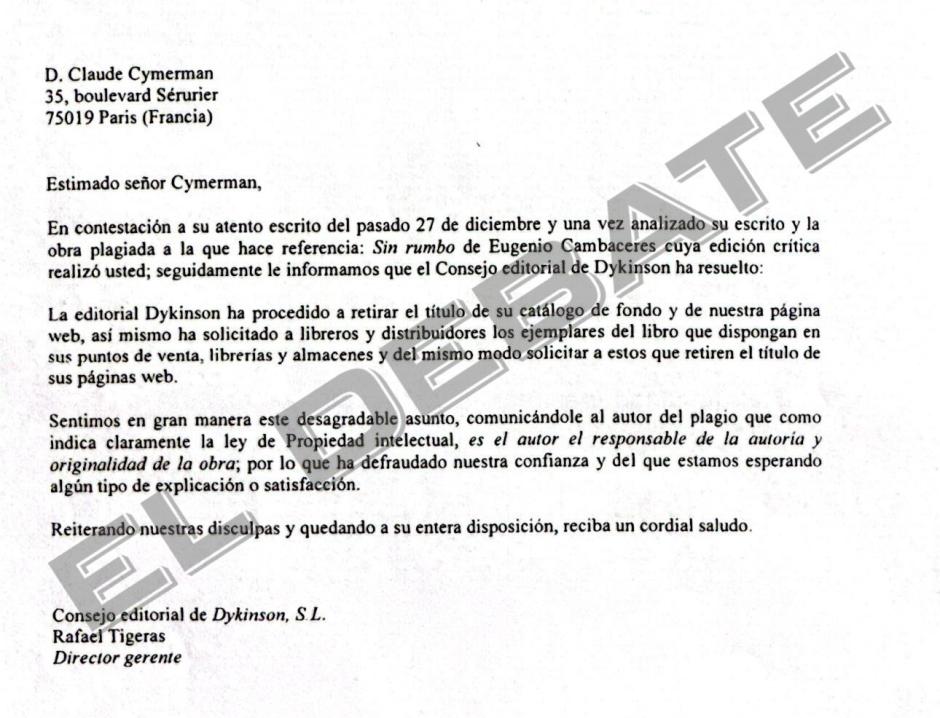 Respuesta de la editorial al escritor francés sobre el plagio de Alberto Hernando García-Cervigón