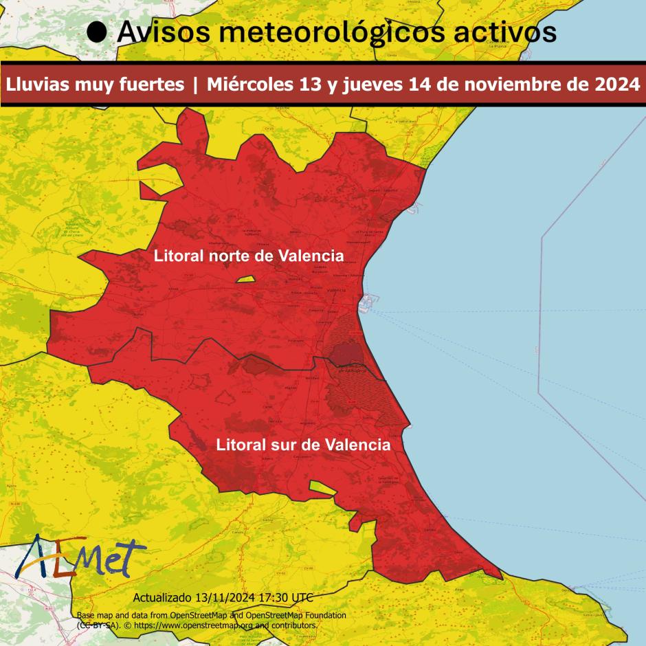 Aviso meteorológico de la Aemet para la región de Valencia