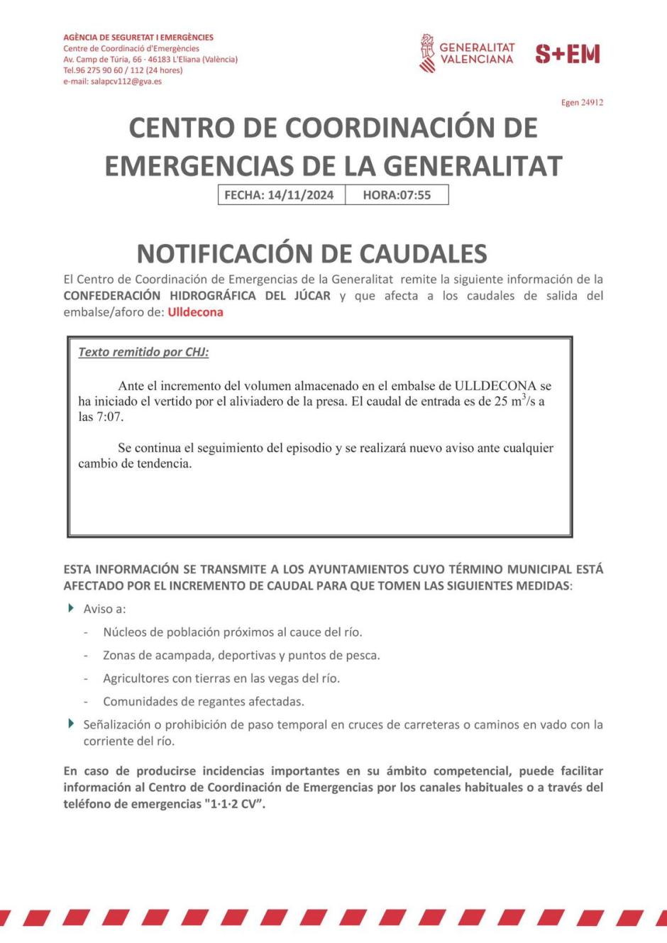 Aviso de Emergencias de la Generalitat sobre el embalse de Ulldecona