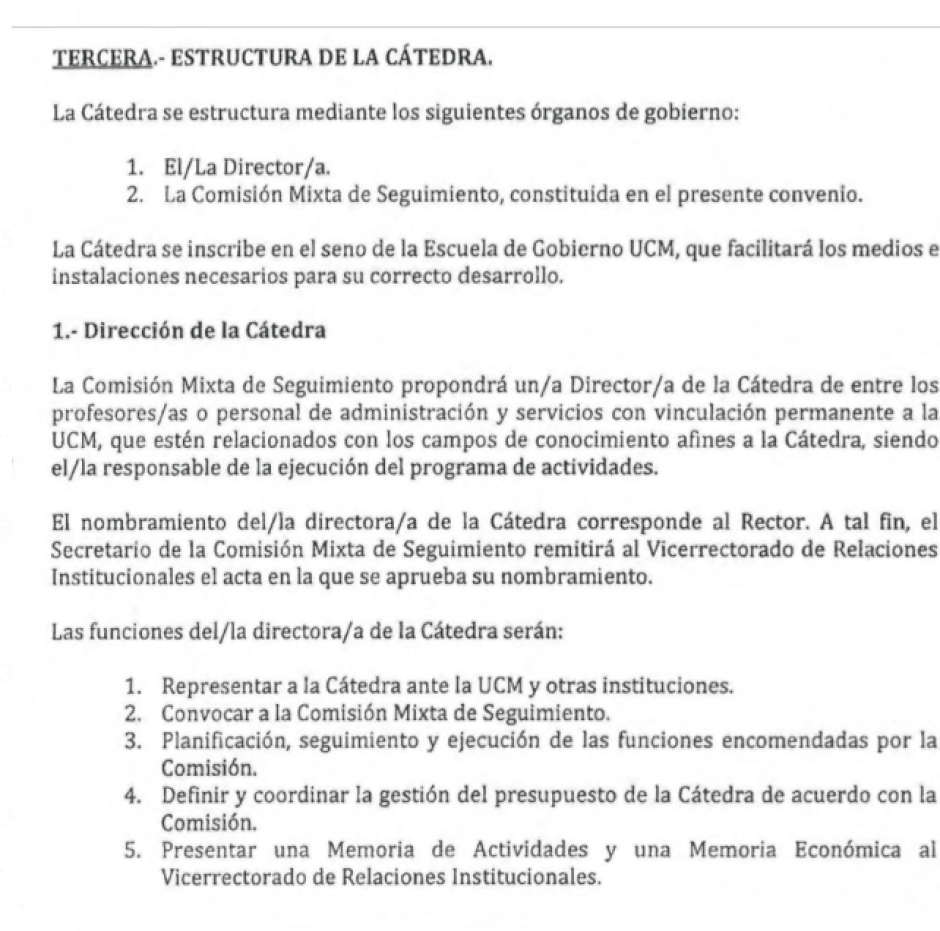 Documento incorporado al sumario que detalla la estructura de la cátedra dirigida por Begoña Gómez