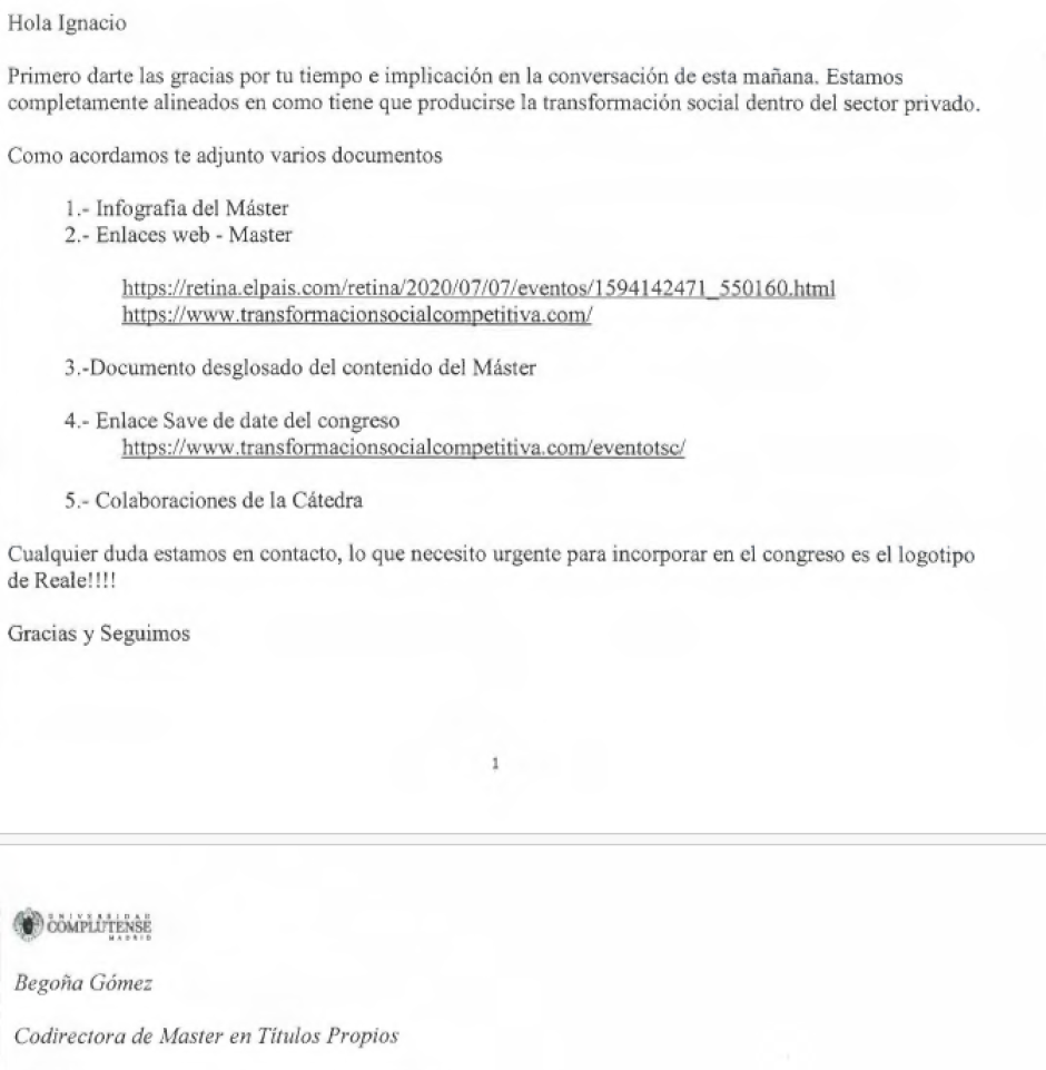 Correo electrónico de Begoña Gómez al CEO de Reale